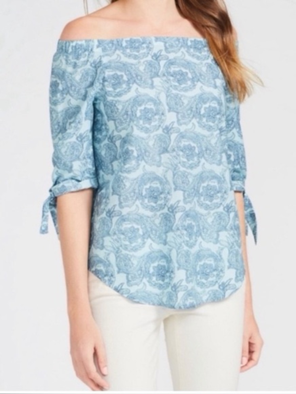 J McLaughlin Natasha 3/4 Sleeve Off-Shoulder Print Silk Cotton Blouse, Sz Small